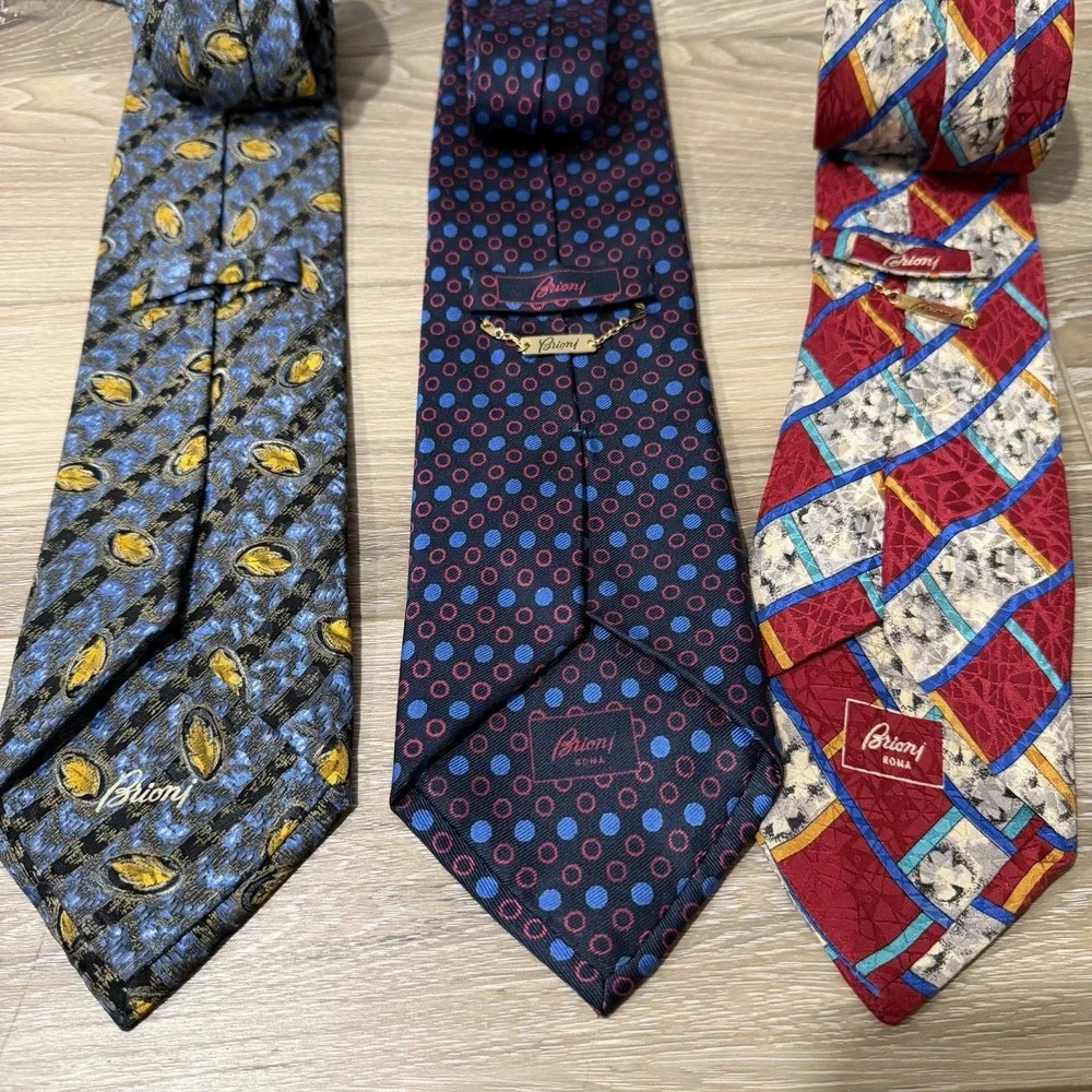 LOT OF 3 Brioni Italy Men's Silk Ties Blue Gold Floral Batik & Geometric Red_5